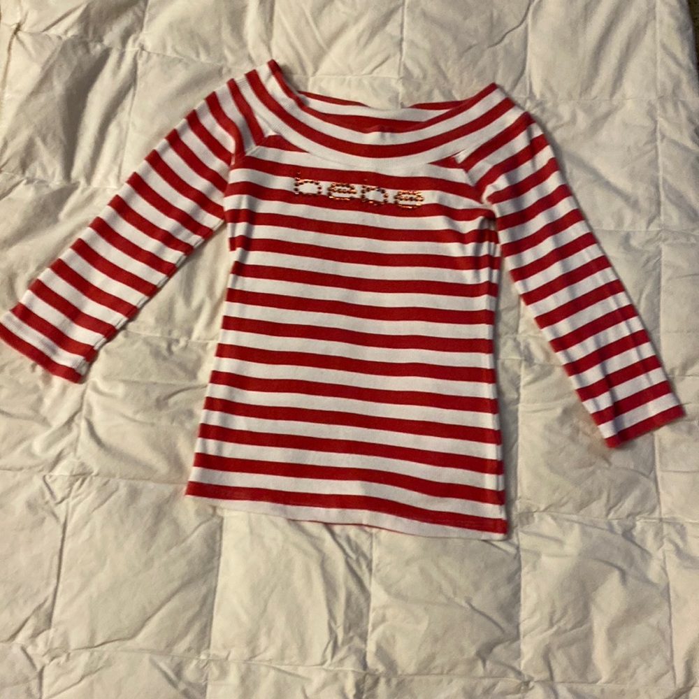 Bebe 3/4 Sleeve Striped Top w/ Rhinestone logo